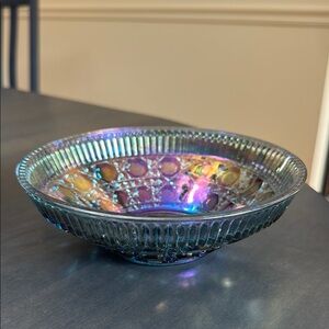 Windsor Indiana Iridescent  Blue Carnival Glass Bowl Vintage Button & Cane 7 1/2